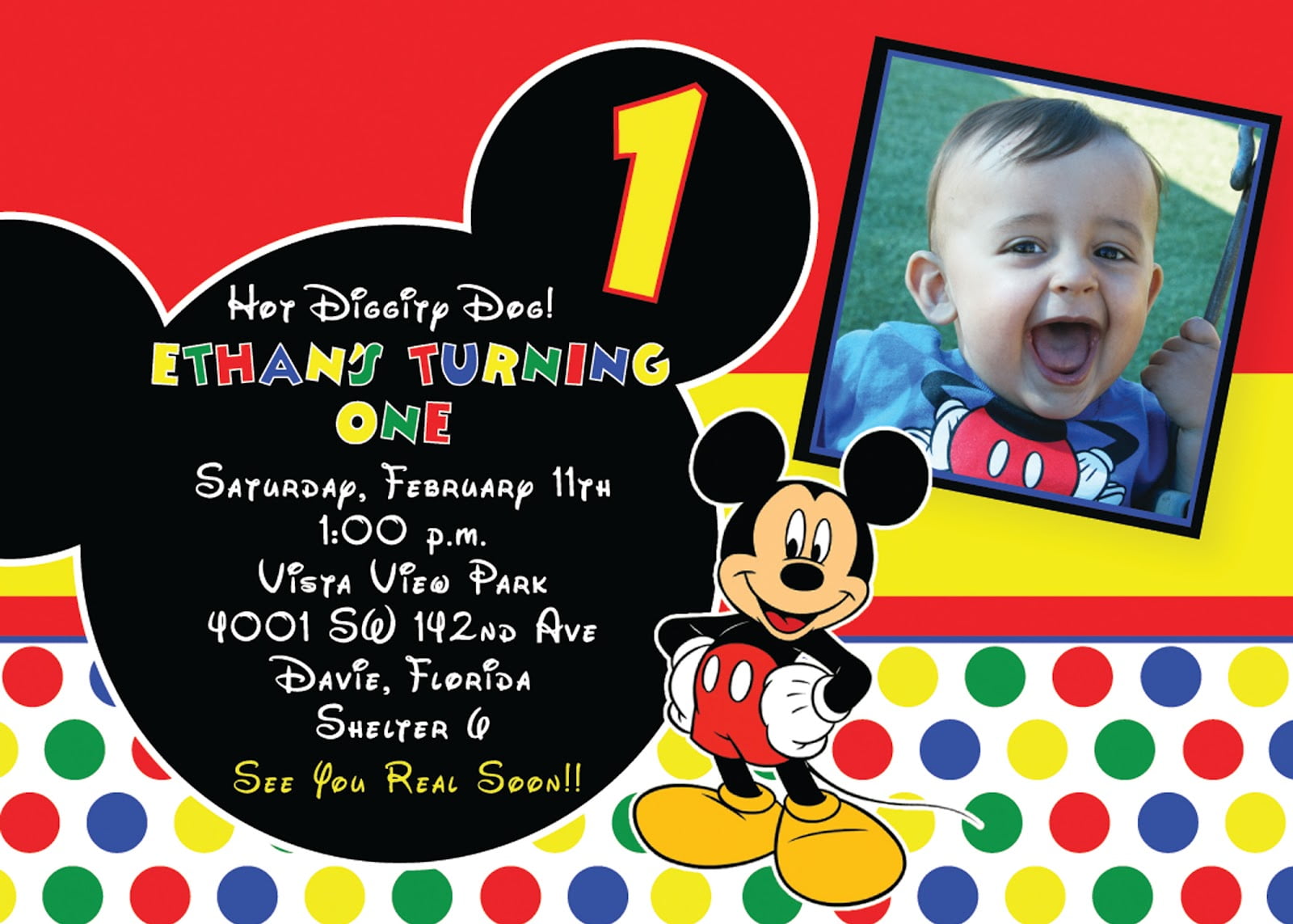 Colorful Polkadot Mickey Mouse Birthday Invitation with Picture