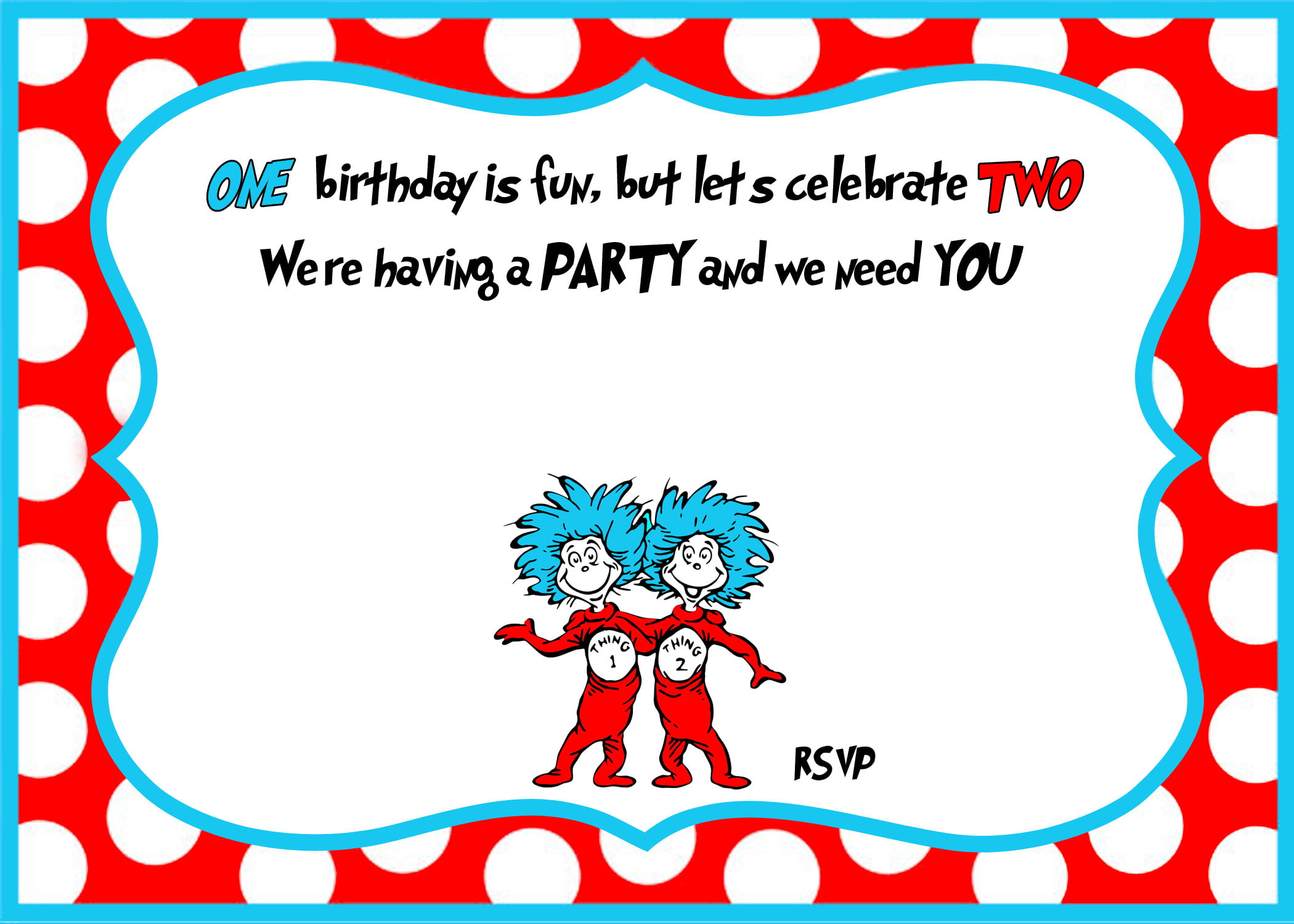 Free Printable dr.Seuss Twin Birthday Invitation
