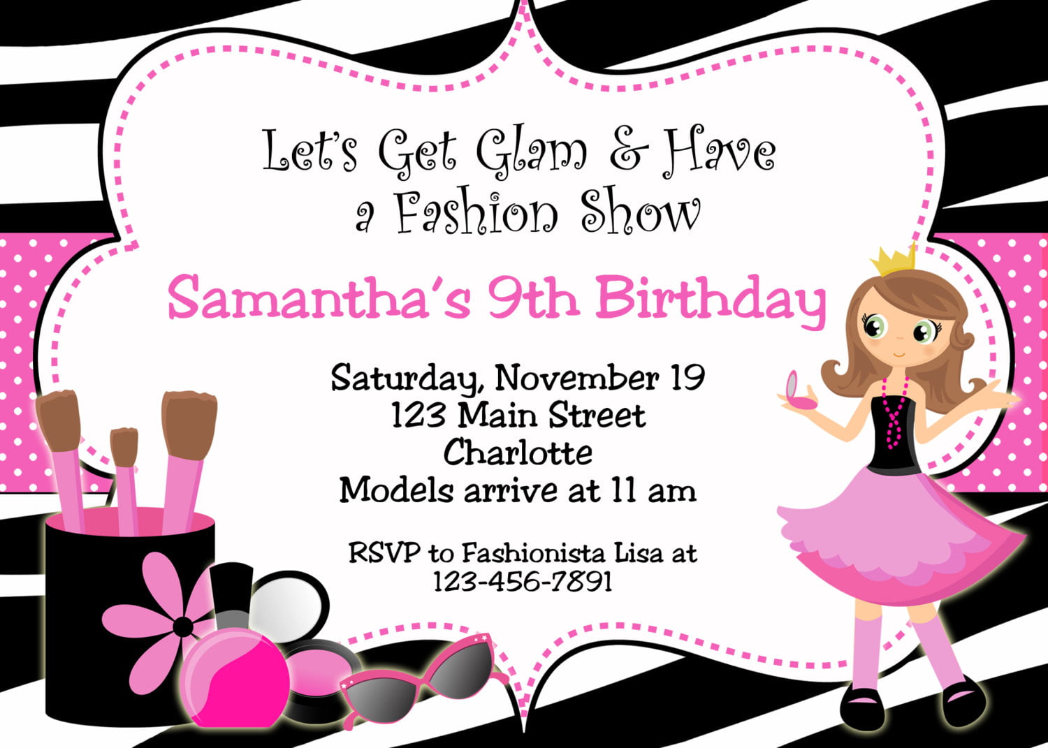 glamour fashion show birthday party invitations