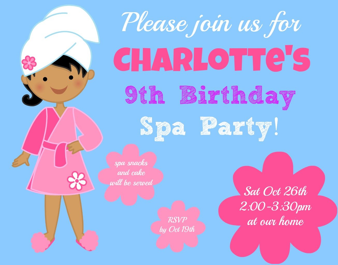 spa 9 years old birthday invitations wording