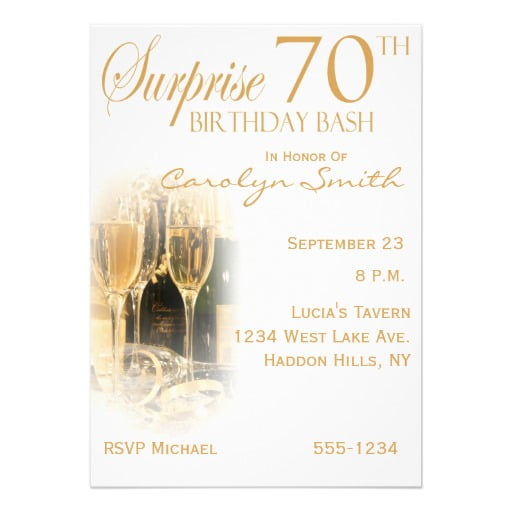 champagne surprise 70th birthday party invitations