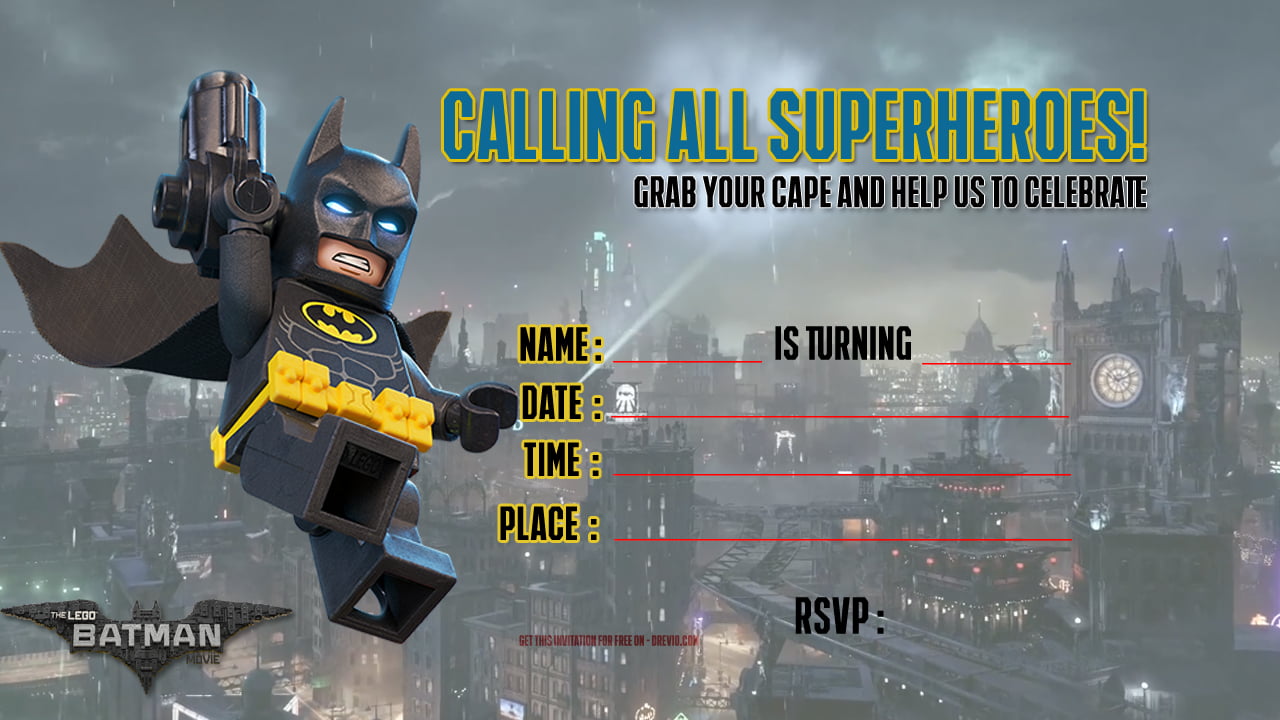FREE Printable LEGO Batman the Movie Birthday Invitation Template
