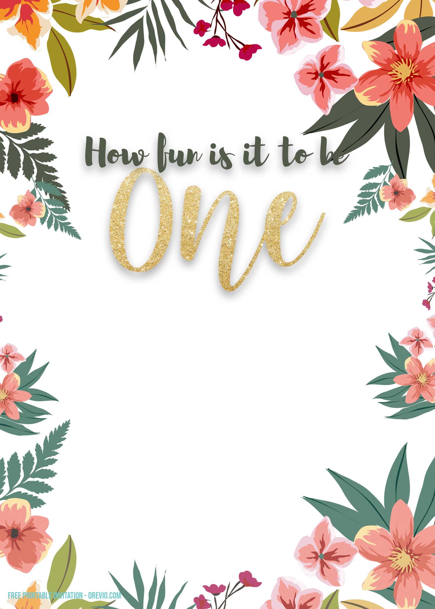FREE Watercolor Beautiful Flowers ONE 1st Invitation Template