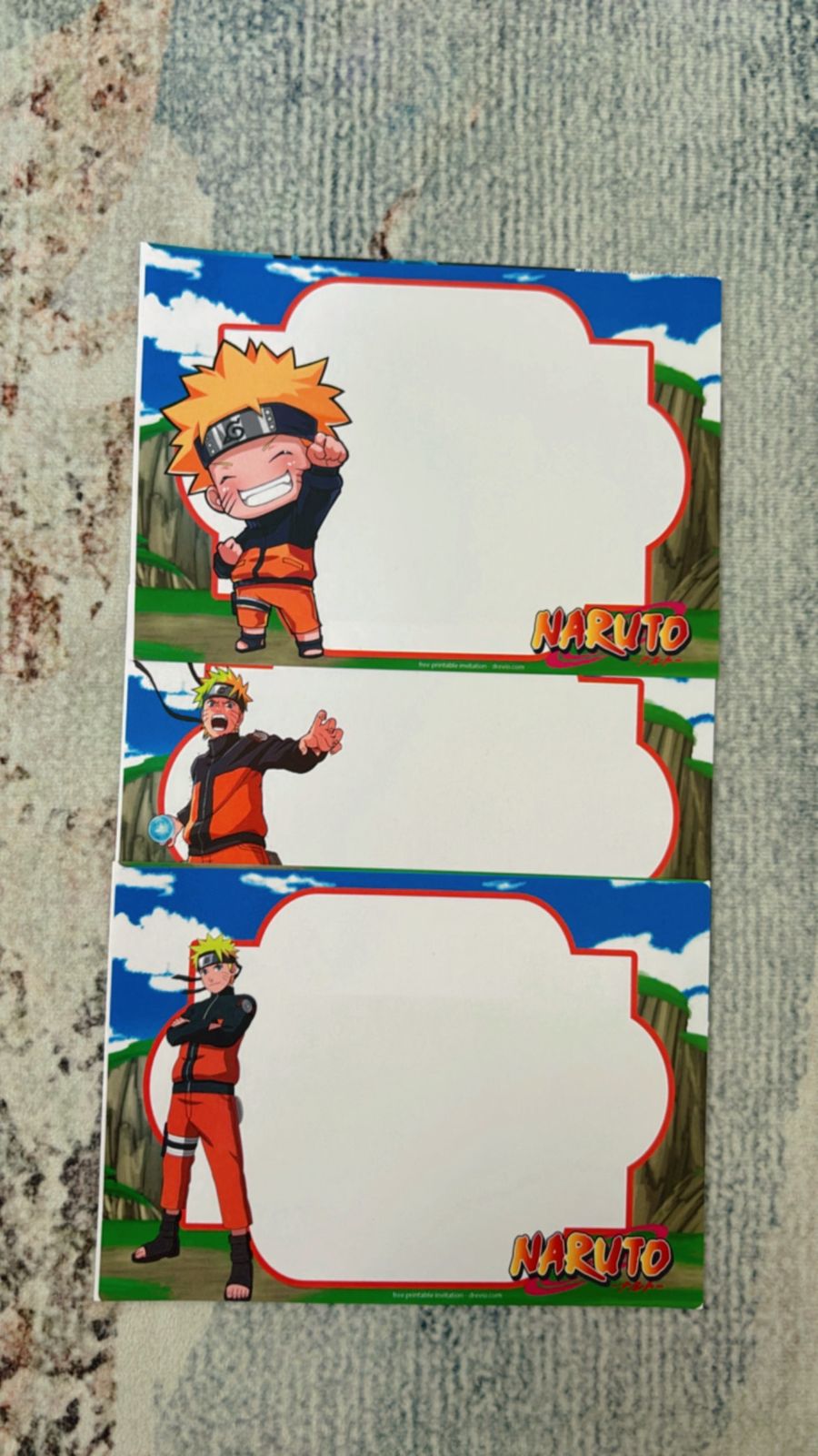 Naruto-themed party invite paired with ninja training props like cones, headbands, and obstacle course setup