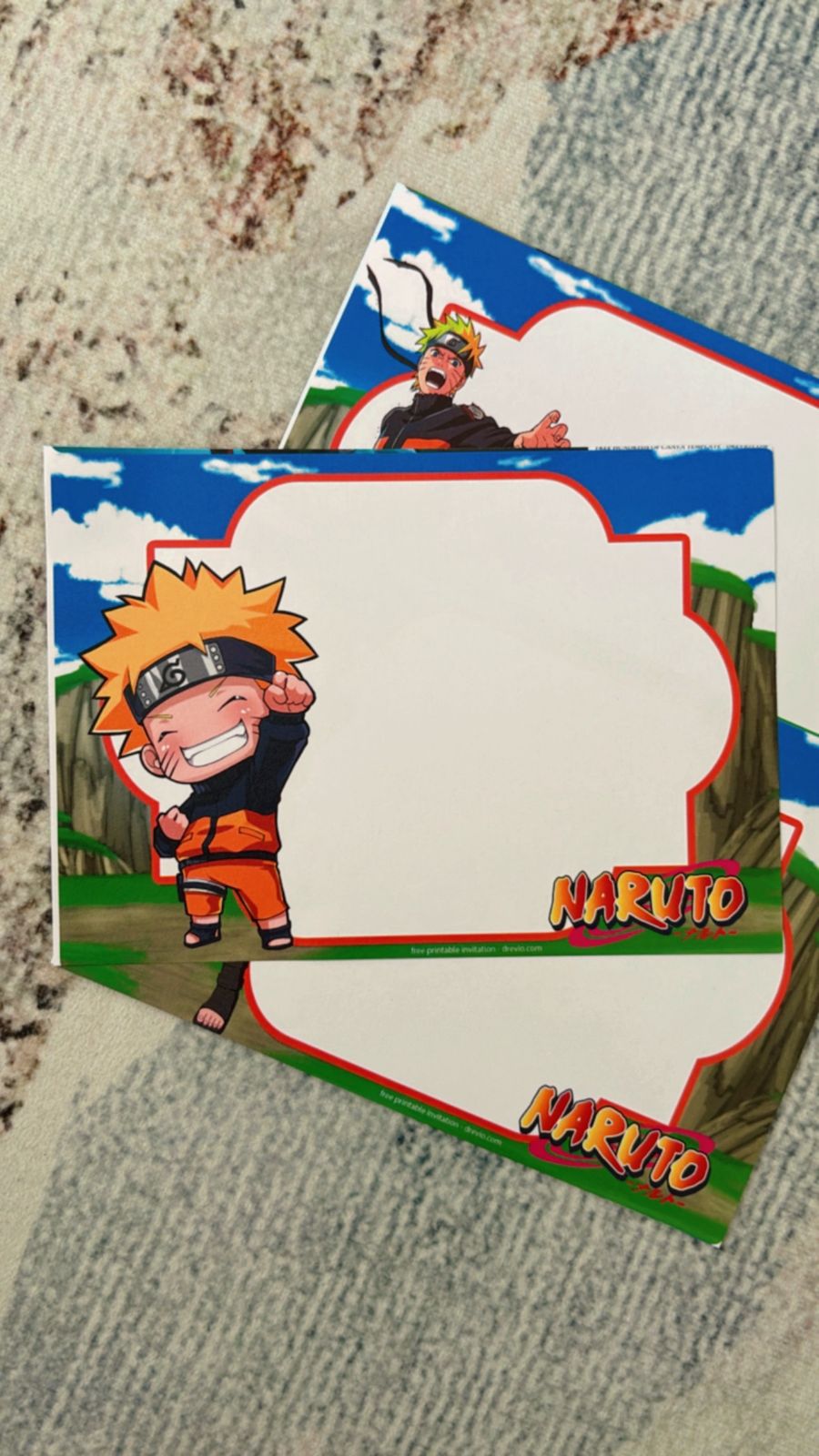 Naruto-themed birthday invitation with orange ninja swirl background, shuriken accents, bold anime-style fonts