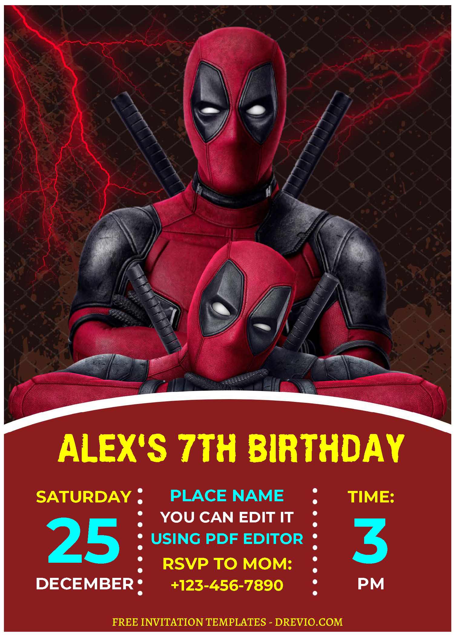 Deadpool Canva invitation template decorated with superhero masks, comic stars, lightning bolts, and city skyline graphics