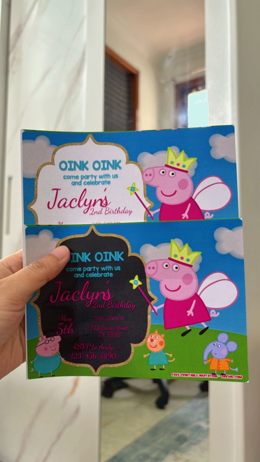 Peppa Pig invitation design with illustrated puddles, clouds, sun, and playful party decorations surrounding text