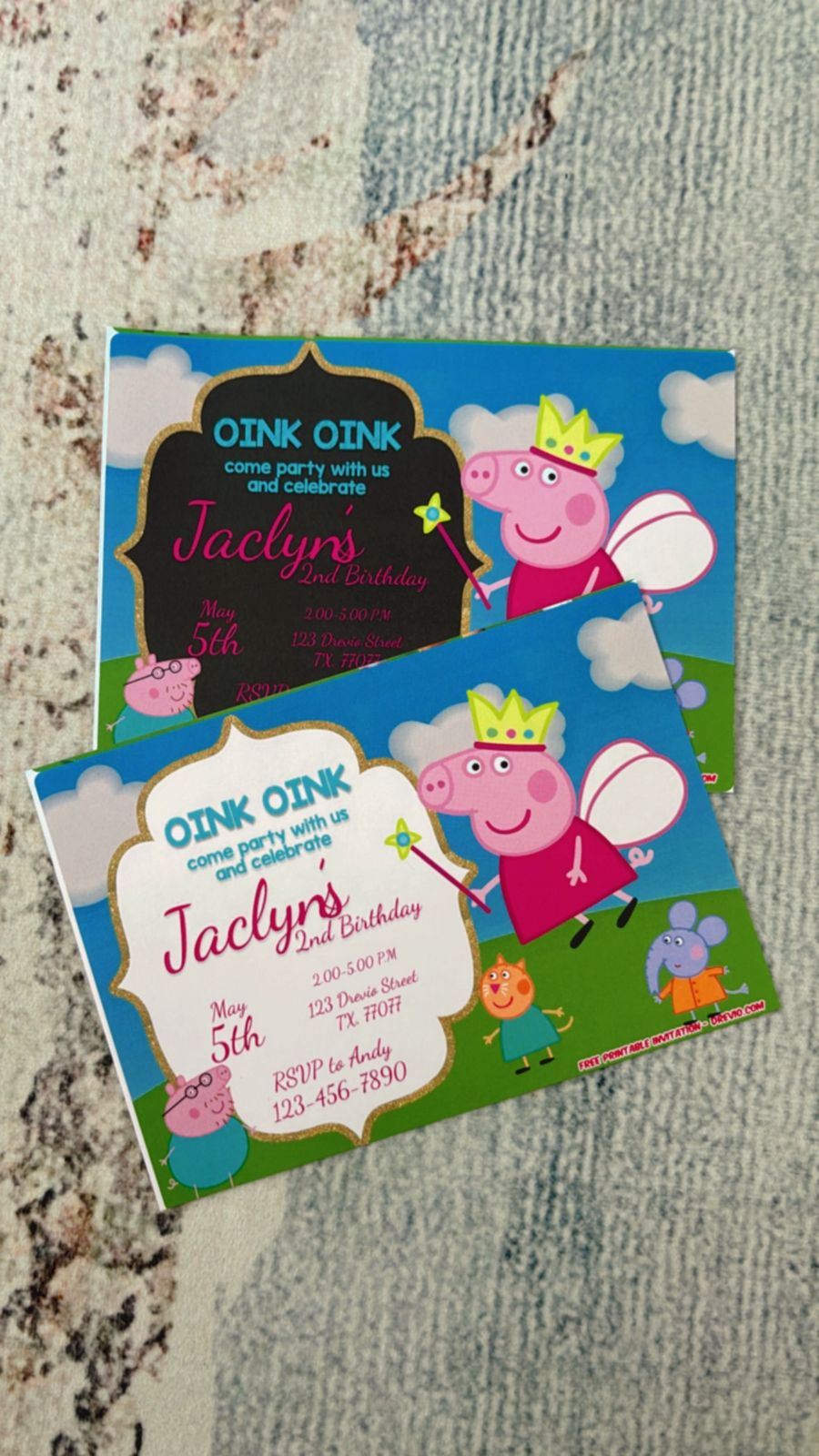 Close-up of Peppa Pig themed invite with playful fonts, pink and blue color blocks, and cartoon character details