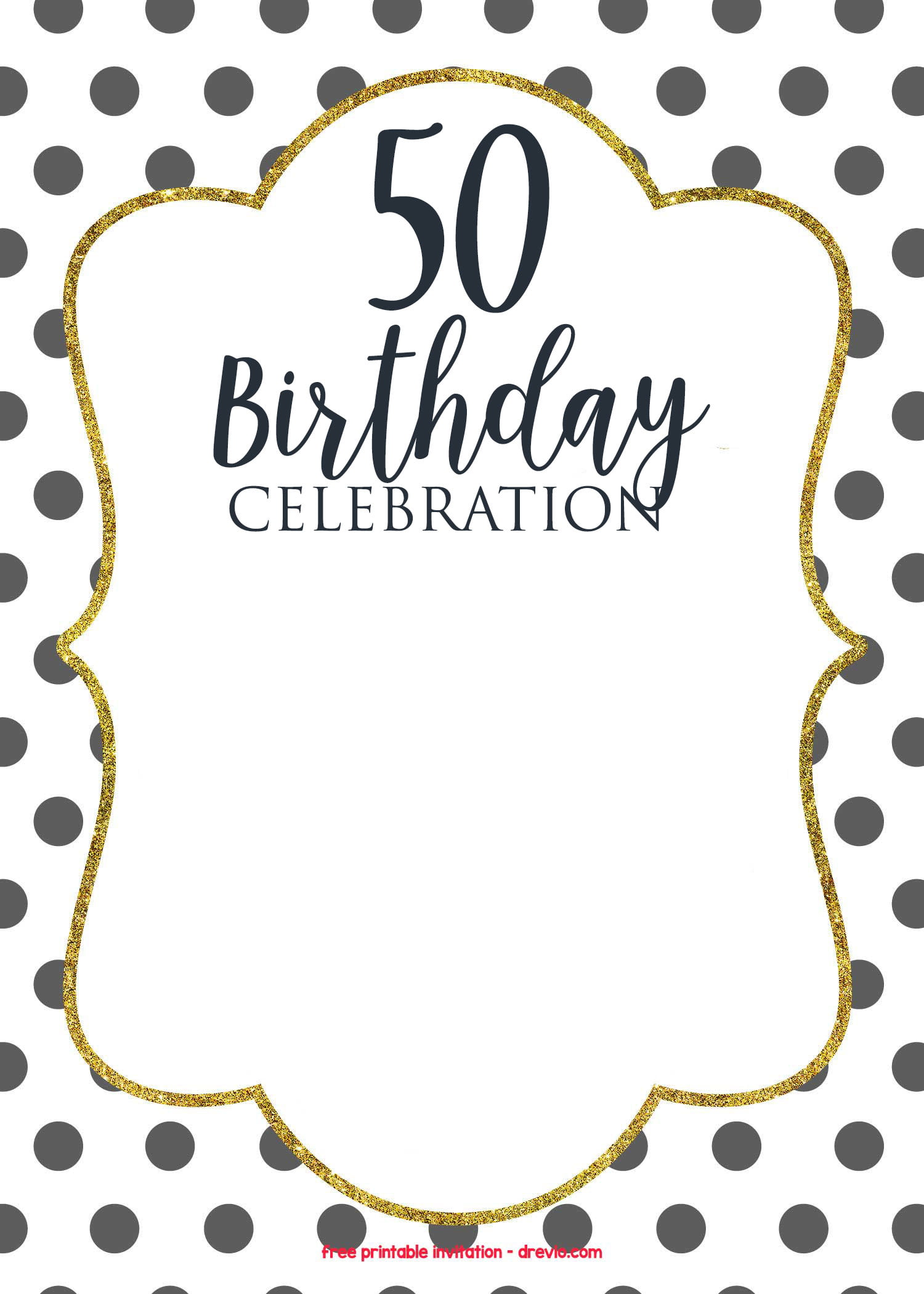 FREE 50th Golden Polkadot Invitation Template Grey