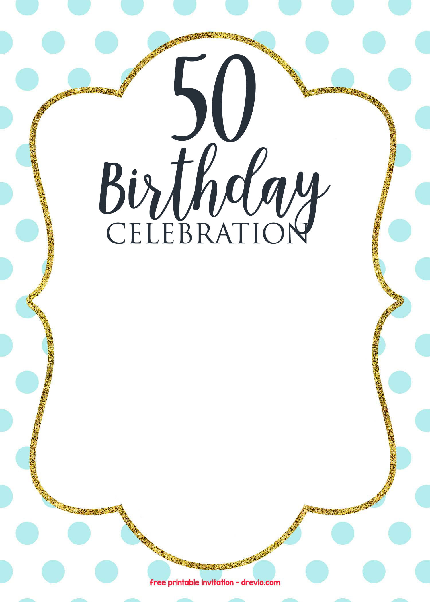 FREE Golden 50th Polkadot Invitation Template Blue