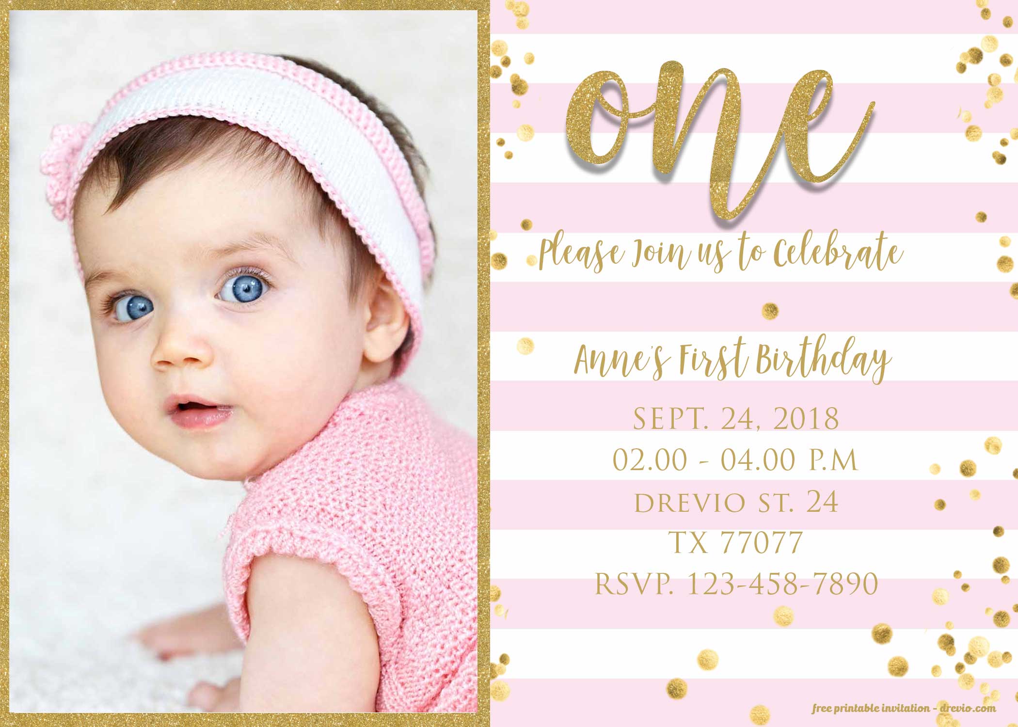 FREE First Birthday Invitation Girl Pink and Gold Glitter Invitation Template preview