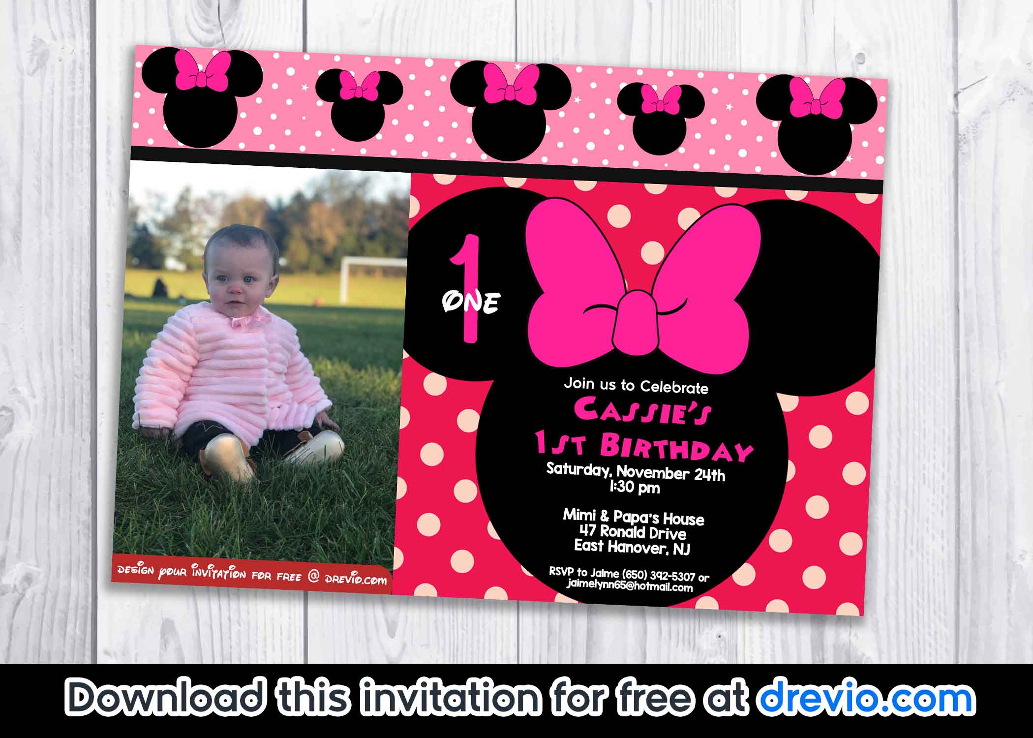 FREE Blank MInnie Mouse 1st birthday invitation template preview