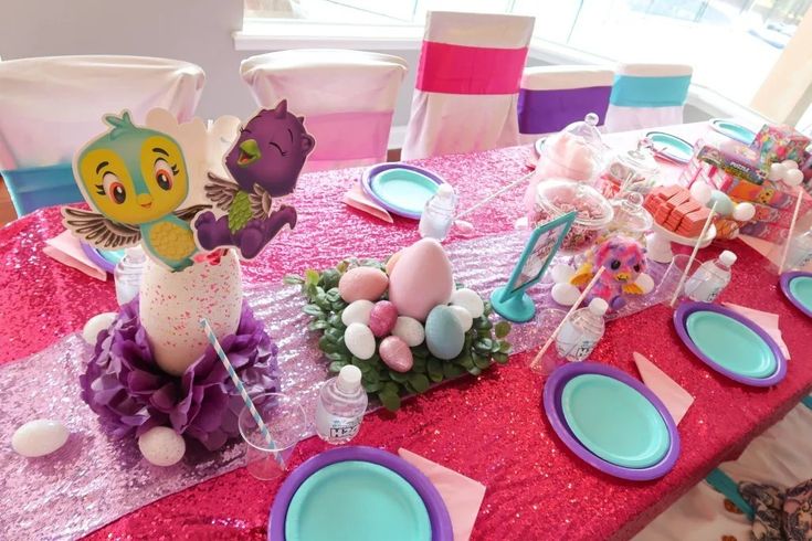 Hatchimals birthday invite design with colorful baby Hatchimals, cracked eggshells, fluffy clouds, stars, and playful pastel decorations