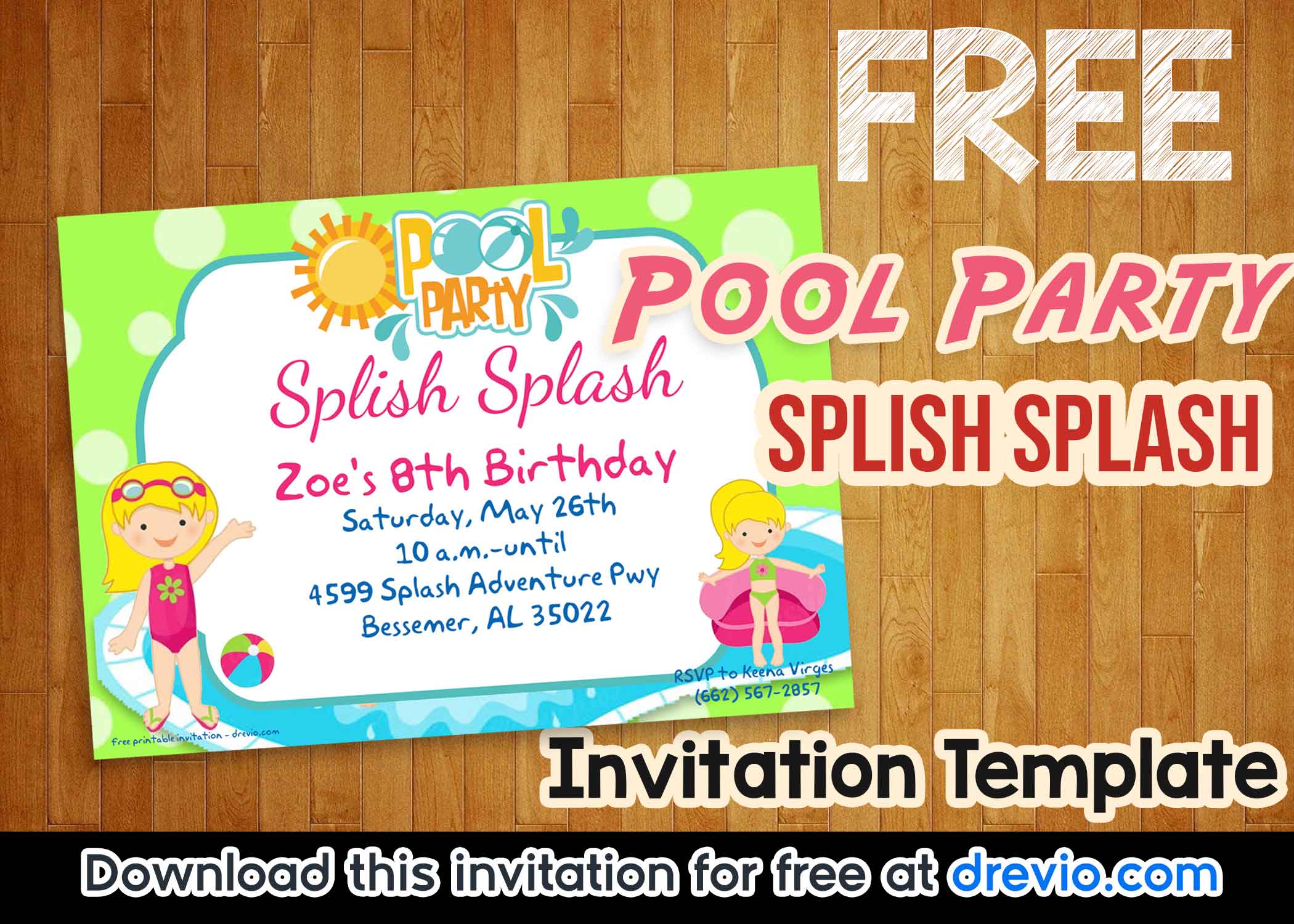 FREE Printable Pool Party Invitation Template for Girl preview printed