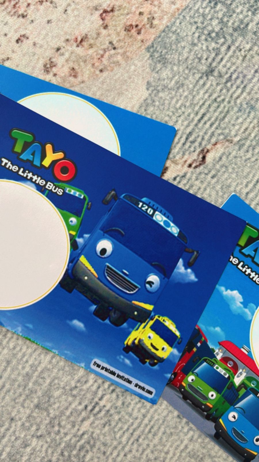 Tayo Little Bus invitation template with road curves, bus icons, clouds and playful urban transport theme design