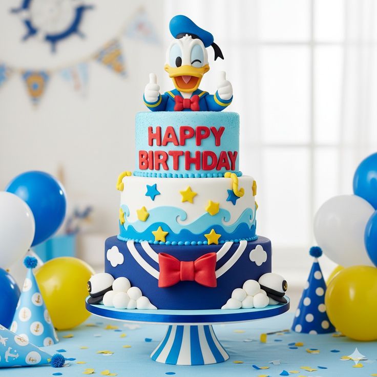 Donald Duck invitation with bright yellow confetti, balloons, streamers, party banners and playful Disney-themed decorations