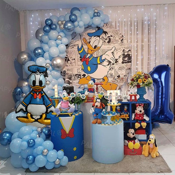 Donald Duck birthday invitation template with sailor theme, blue and yellow balloons, anchors, stars and Disney-inspired party elements