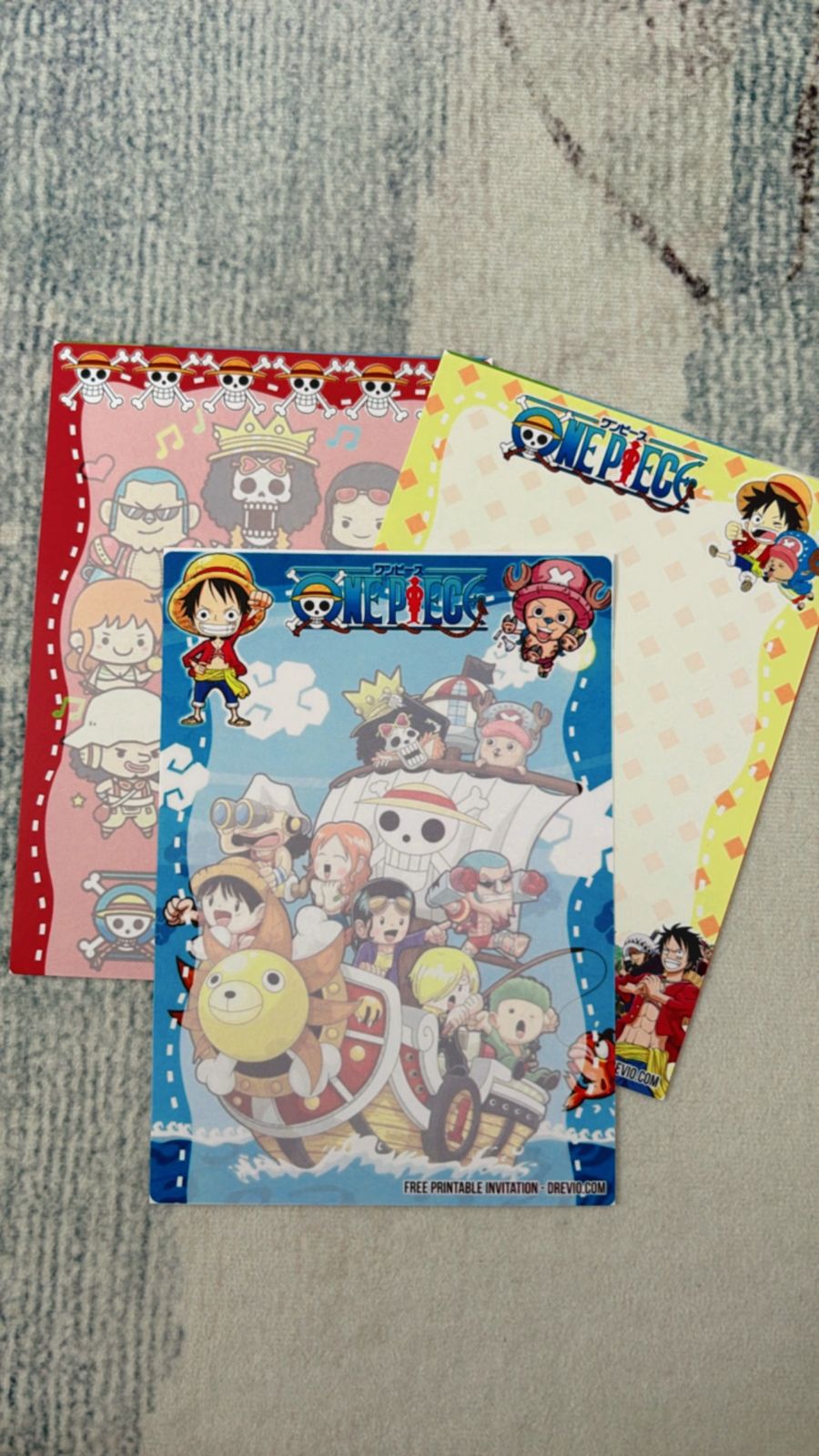 Treasure hunt themed One Piece invitation card with Straw Hat crew styling and adventurous sea voyage elements