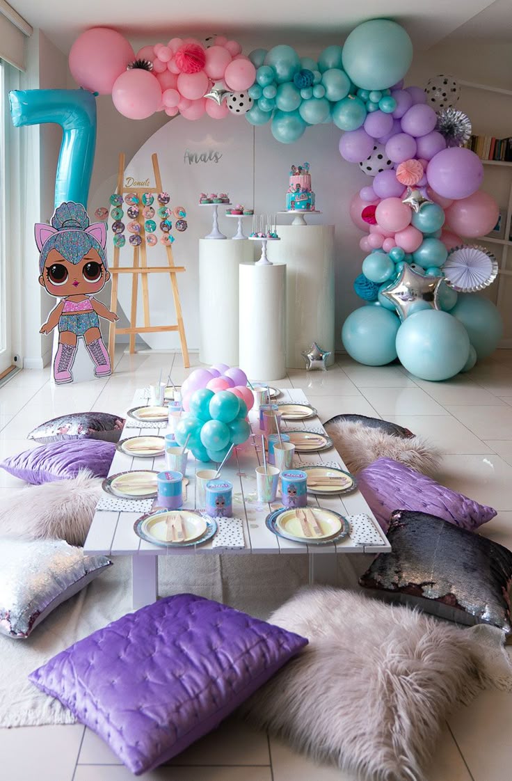 Pastel LOL Surprise invitation design with layered confetti, glitter details, cute bows, and colorful doll party decorations
