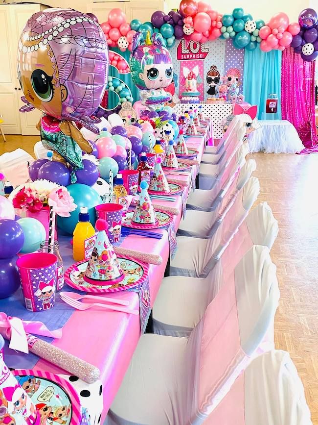 LOL Surprise birthday invitation decorated with mini handbags, bows, sunglasses, stars, hearts, and playful fashion-themed icons