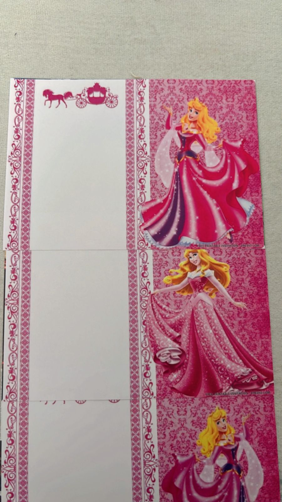 Sleeping Beauty themed invitation with enchanted forest elements, vines, and dreamy pastel purple sky
