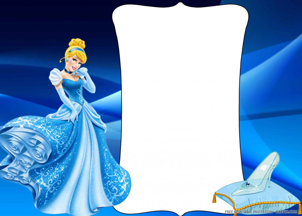 FREE BLUE PRINCESS Invitation with Cinderella, blue dress, blue glassed shoe, blue background