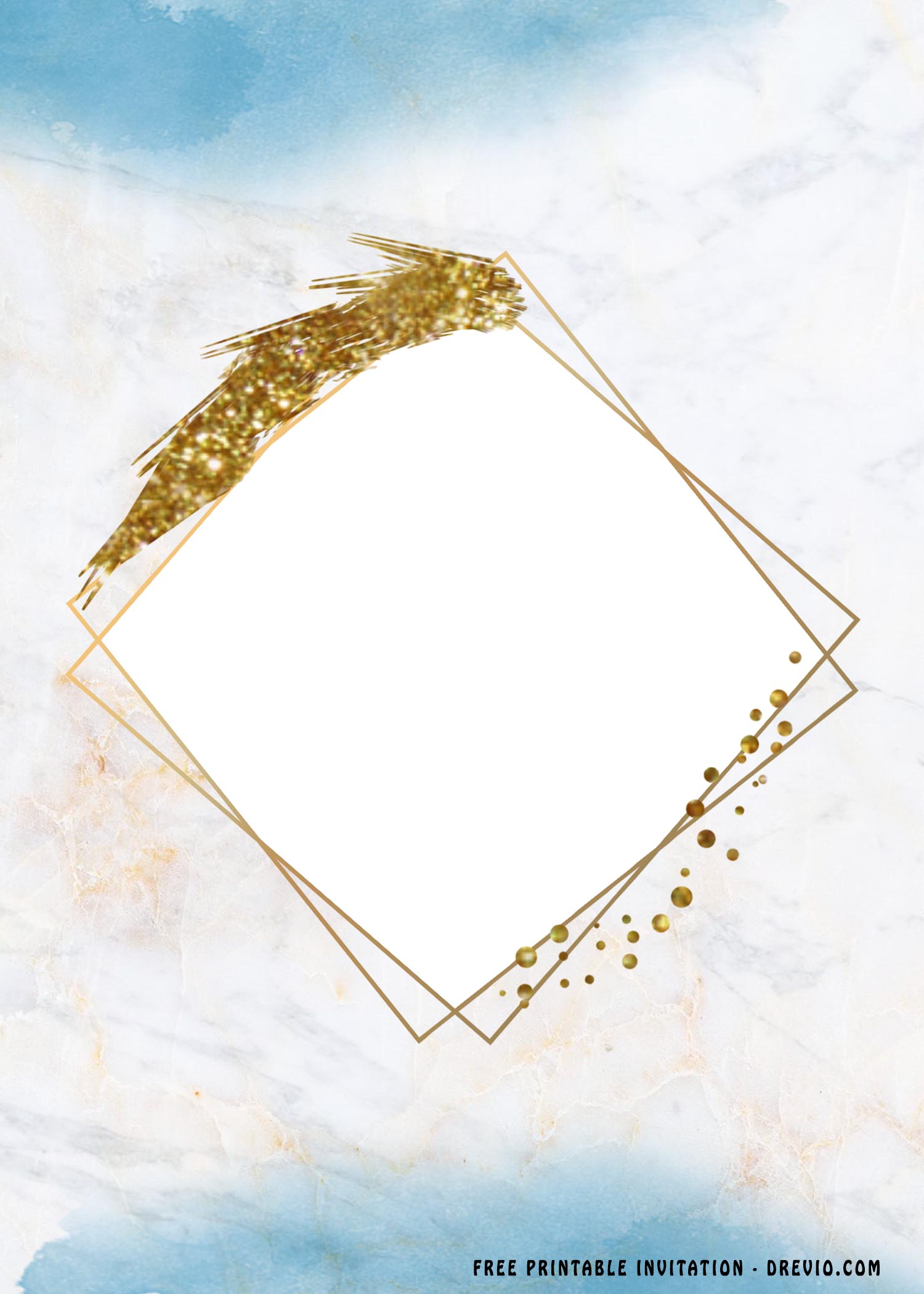 Gold rhombus frame on blue watercolor background