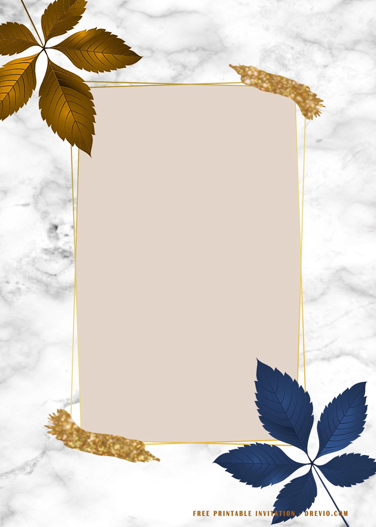 blue and gold leaves on white whie marble background