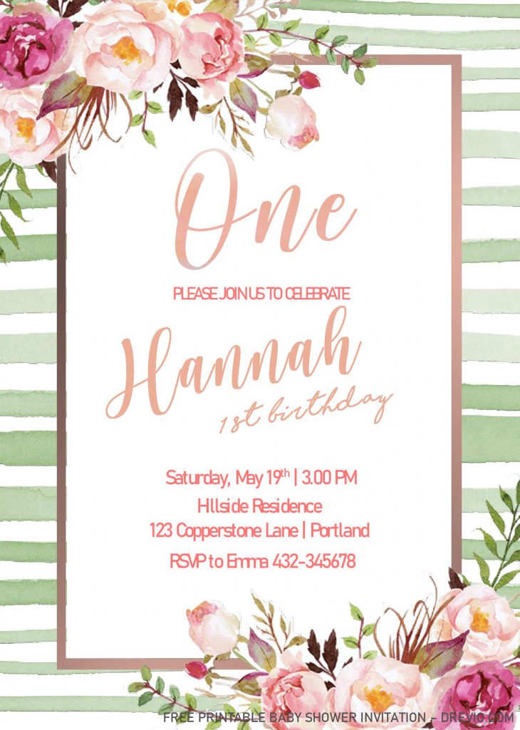Blush Pink 1st birthday invitations Templates - Editable on MS Word With Metallic Frame