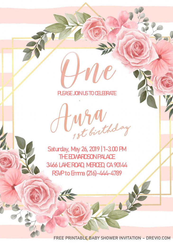 Blush Pink 1st birthday invitations Templates - Editable on MS Word With Pink Roses