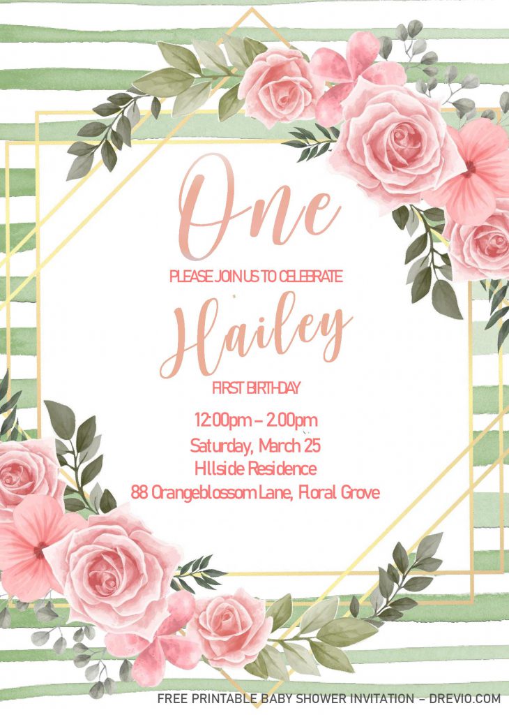 Blush Pink 1st birthday invitations Templates - Editable on MS Word With Geometric Style Text Frame