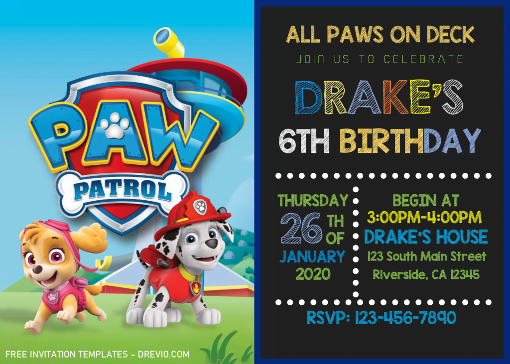 Chalkboard PAW Patrol Invitation Templates - Editable With Microsoft Word