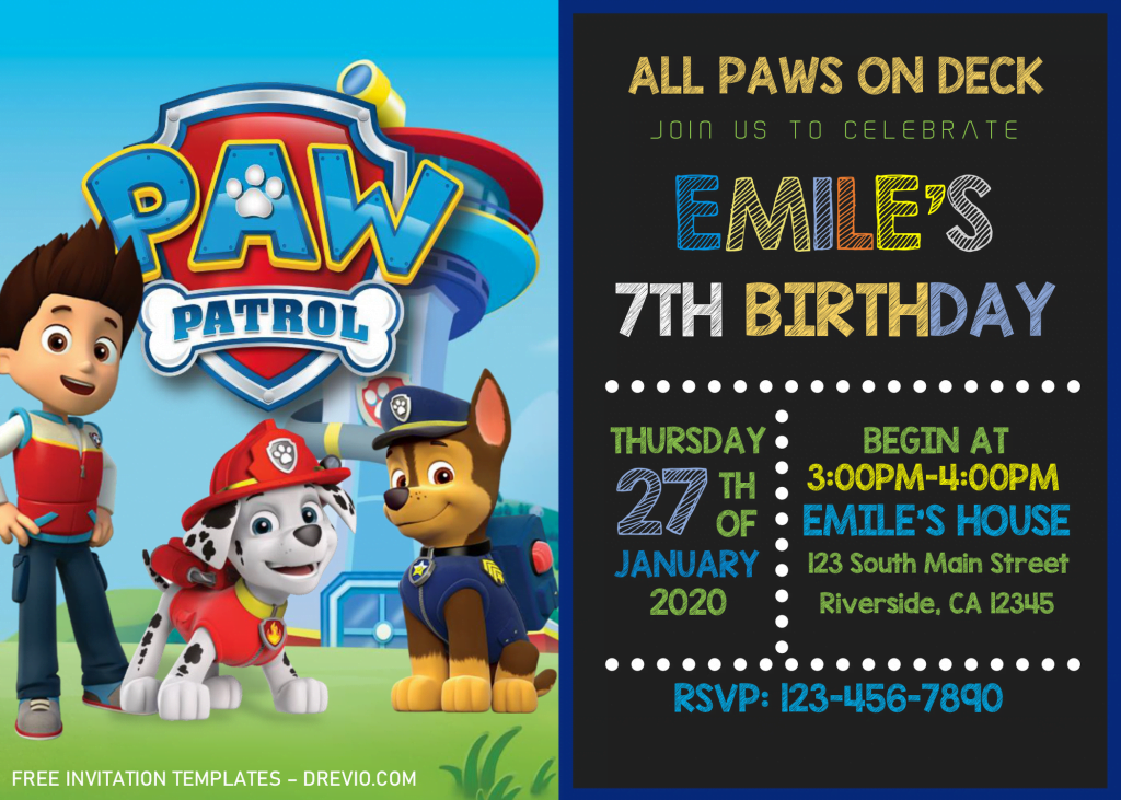Chalkboard PAW Patrol Invitation Templates - Editable With Microsoft Word