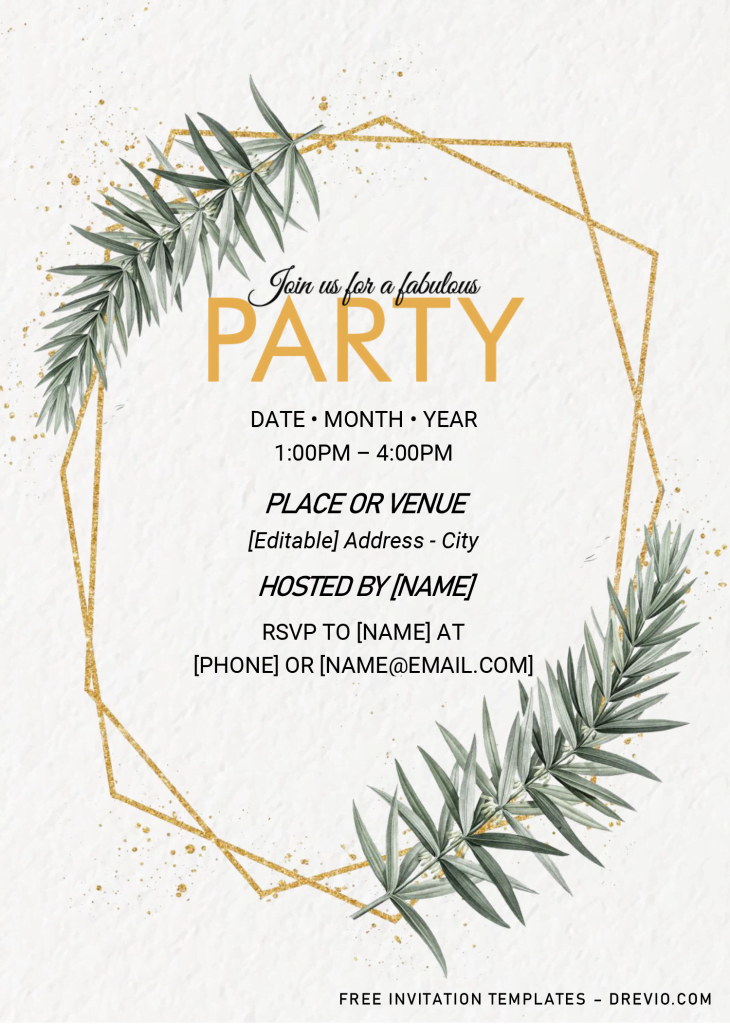 Greenery Gold Geometric Invitation Templates - Editable .Docx and has green eucalyptus leaves