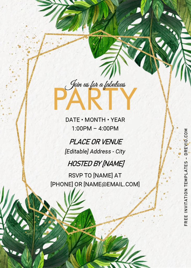 Greenery Gold Geometric Invitation Templates - Editable .Docx and has gold glitter text frame