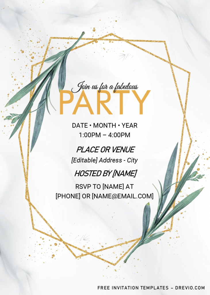 Greenery Gold Geometric Invitation Templates - Editable .Docx and has portrait orientation