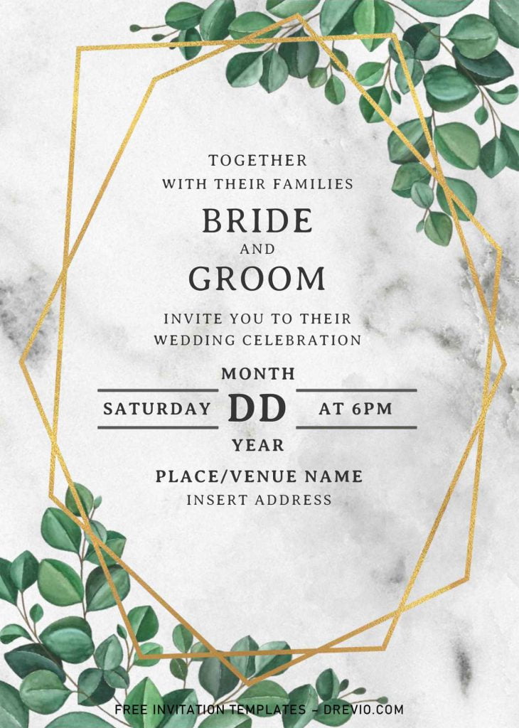 Greenery Geometric Wedding Invitation Templates - Editable With MS Word and has gold geometric pattern and white marble background