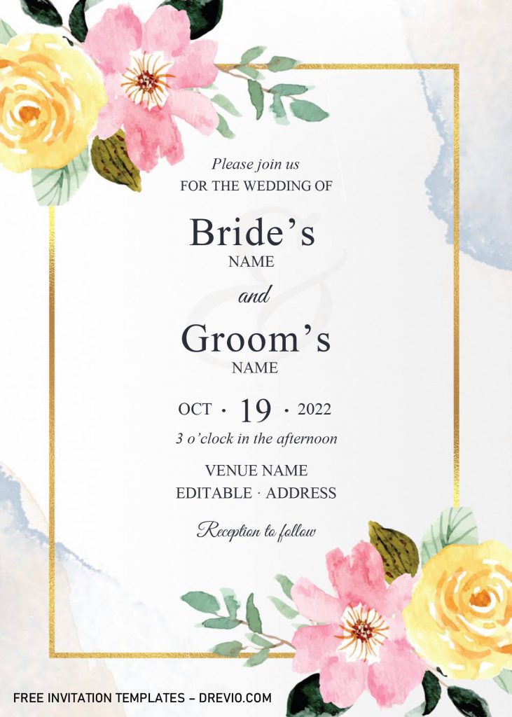 Golden Frame Wedding Invitation Templates - Editable With Microsoft Word and has pink and yellow flowers