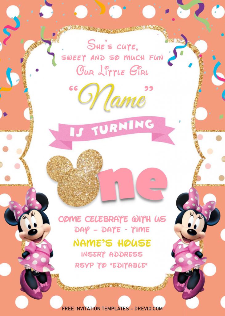 Gold Glitter Minnie Mouse Birthday Invitation Templates - Editable With MS Word and has
