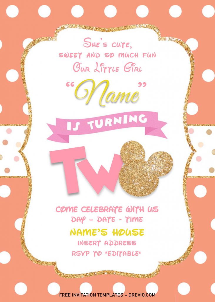 Gold Glitter Minnie Mouse Birthday Invitation Templates - Editable With MS Word and has