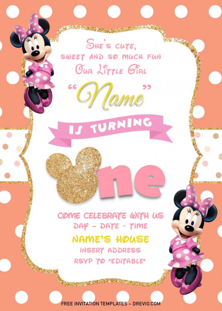 Gold Glitter Minnie Mouse Birthday Invitation Templates - Editable With MS Word and has Minnie mouse in pink dress