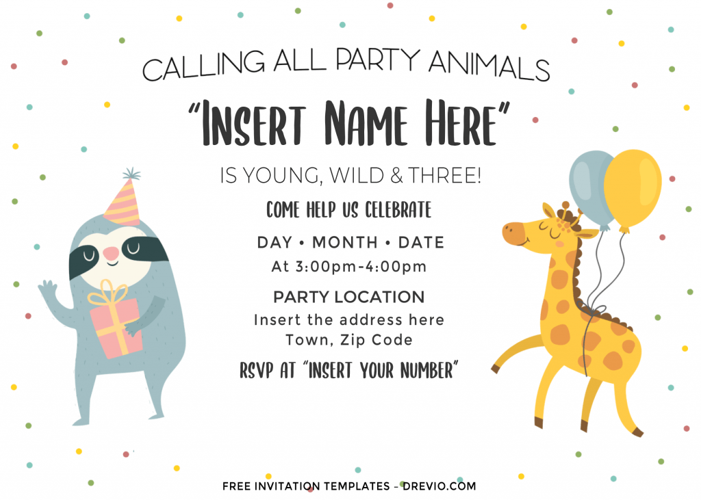 Free Cute Party Animals Birthday Invitation Templates For Word and has cute baby koala and colorful polka dots
