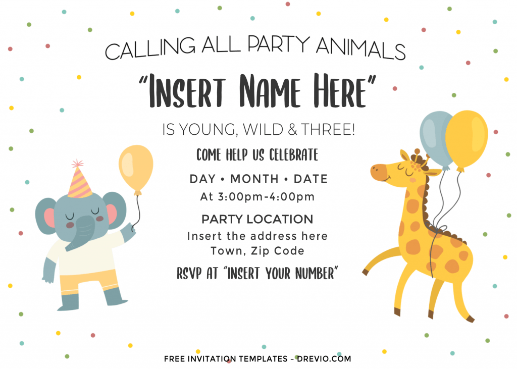 Free Cute Party Animals Birthday Invitation Templates For Word and has baby elephant is holding balloon