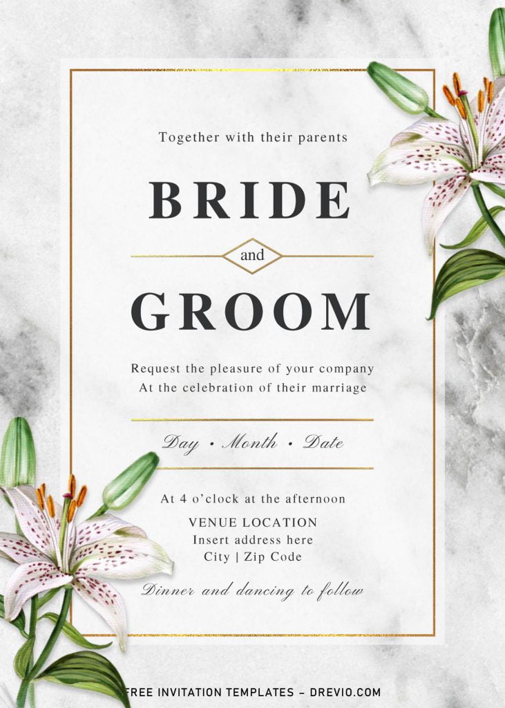 Free Elegant Marble Wedding Invitation Templates For Word and has watercolor lily flowers