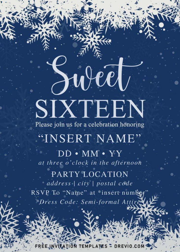 Free Winter Sweet Sixteen Birthday Invitation Templates For Word and has blue background