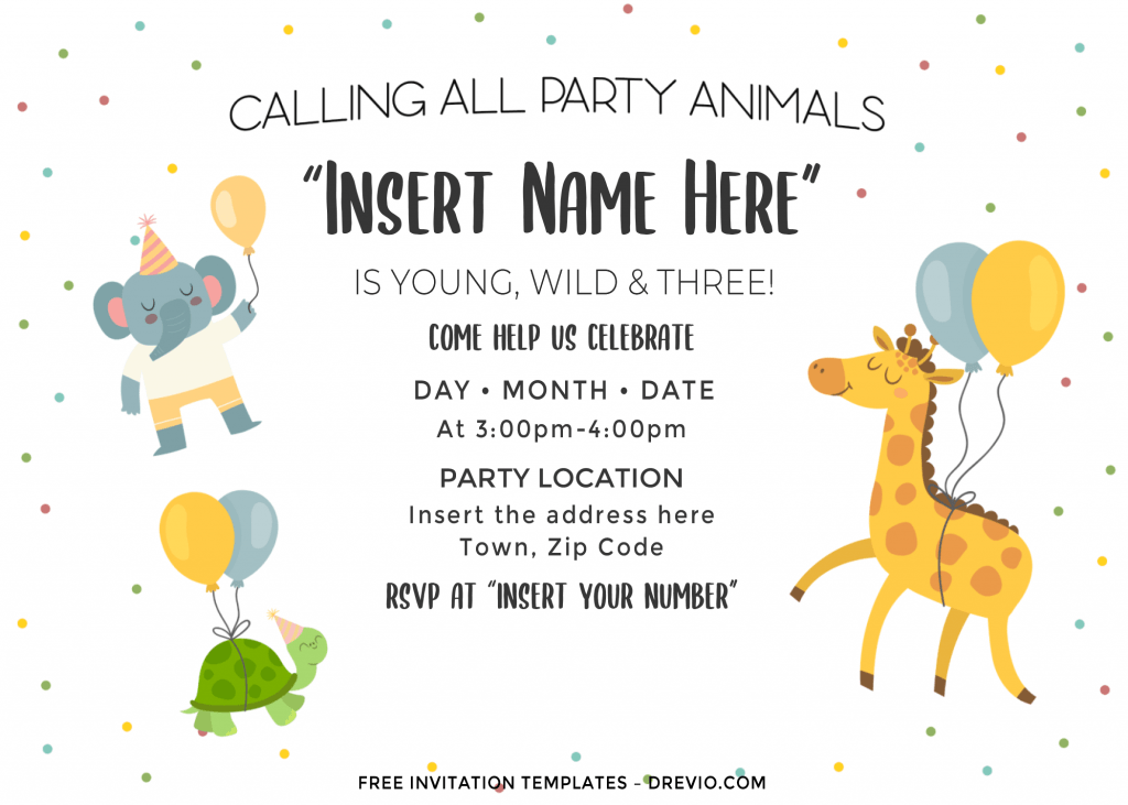 Free Cute Party Animals Birthday Invitation Templates For Word and has landscape orientation design and solid white background color