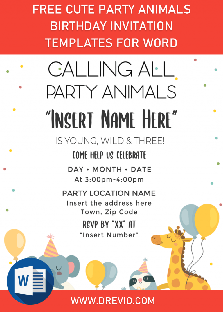 Free Cute Party Animals Birthday Invitation Templates For Word