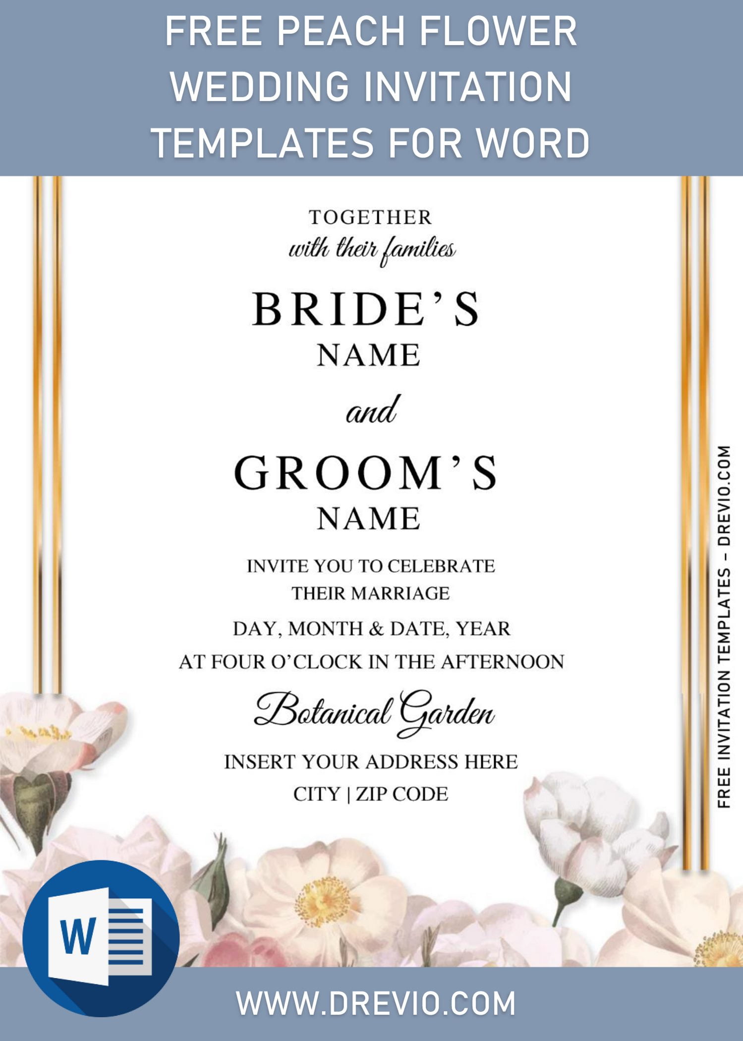Free Peach Flower Wedding Invitation Templates For Word