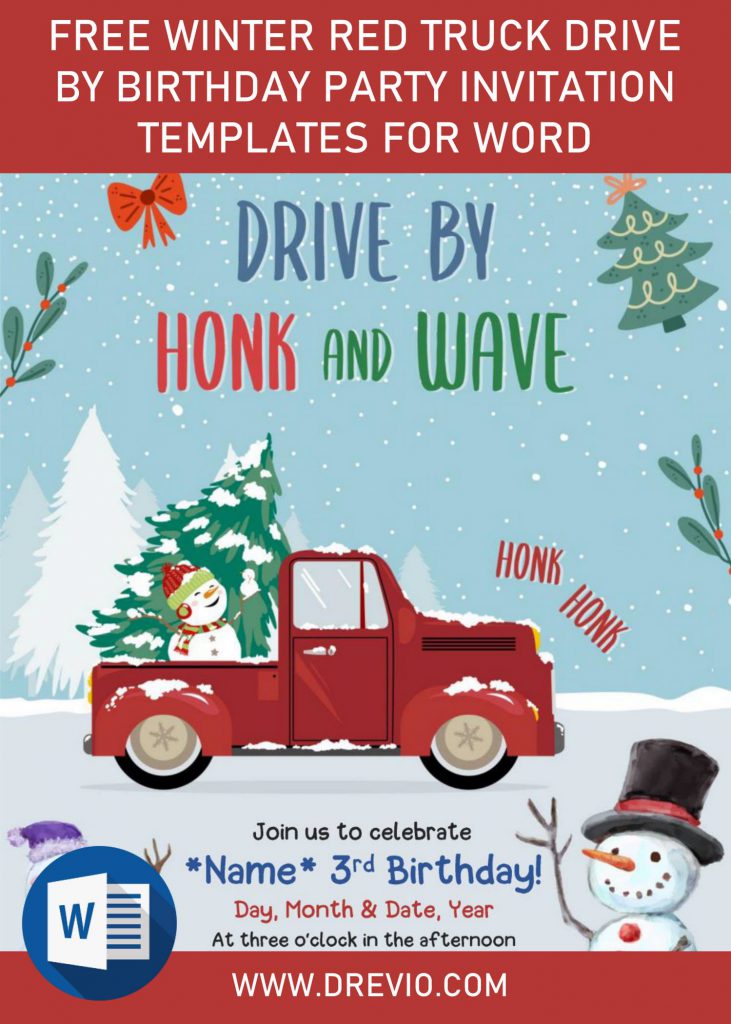Free Winter Red Truck Drive By Birthday Party Invitation Templates For Word