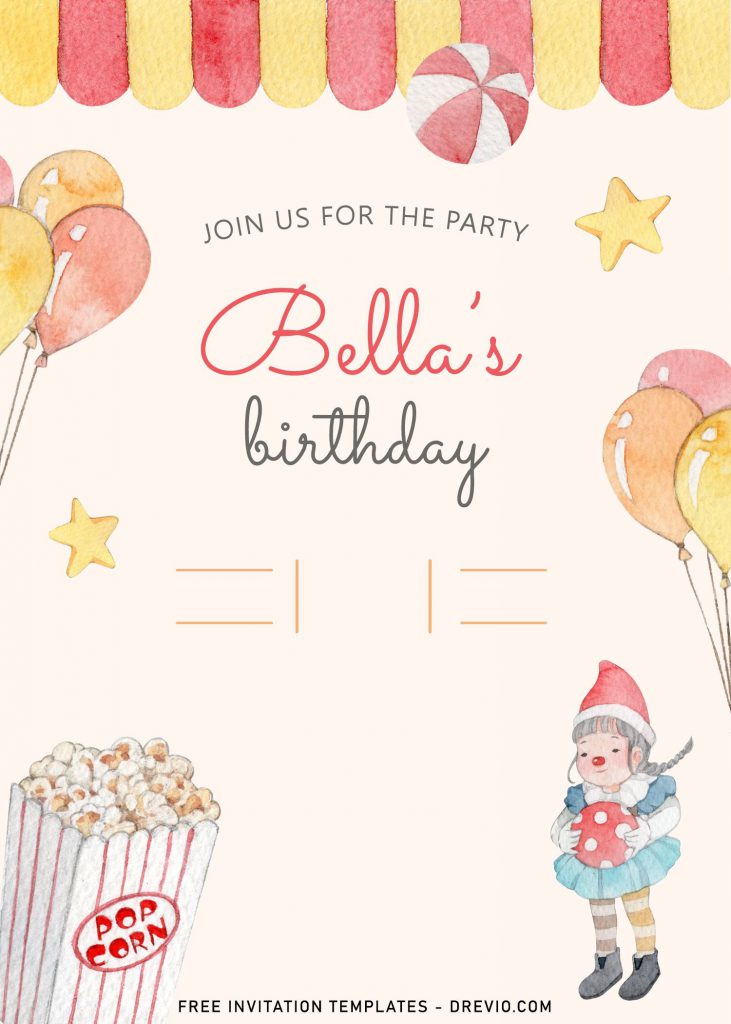 8+ Cute Amusement Park Themed Kids Birthday Invitation Templates and has Popcorn image